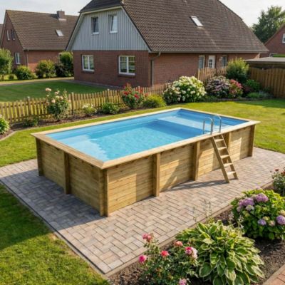 Piscine hors sol en bois AQUA 8.5 x 4.35 - H.1.45 m avec plage, bleu pâle, fixations à sceller - BAS7309OSPI+PLA309