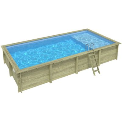 Piscine hors sol en bois AQUA 8.5 x 4.35 - H.1.45 m avec plage, bleu pâle, fixations à sceller - BAS7309OSPI+PLA309
