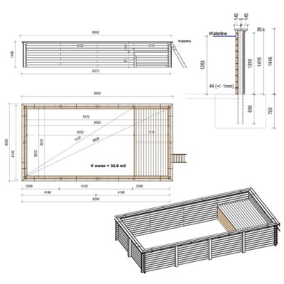 Piscine hors sol en bois AQUA 8.5 x 4.35 - H.1.45 m avec plage, bleu pâle, fixations à sceller - BAS7309OSPI+PLA309