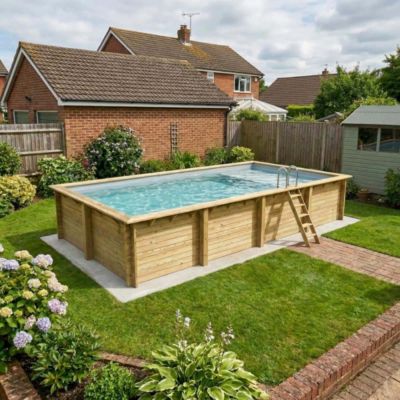 Piscine hors sol en bois AQUA 8.5 x 4.35 - H.1.45 m avec plage, gris clair, fixations à visser - BAS7309OSPL2+PLA309