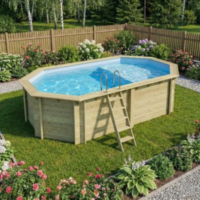 Piscine hors sol en bois NEMO 5.79 x 3.49 - H.1.45 m avec plage, bleu ...