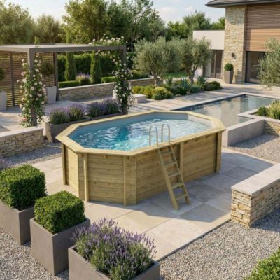 Piscine hors sol en bois NEMO 5.79 x 3.49 - H.1.45 m avec plage, gris ...