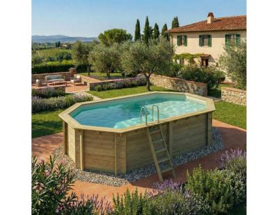 Piscine hors sol en bois NEMO 5.79 x 3.49 - H.1.45 m avec plage, sable, fixations à visser - BAS7304OSPL3+PLA304