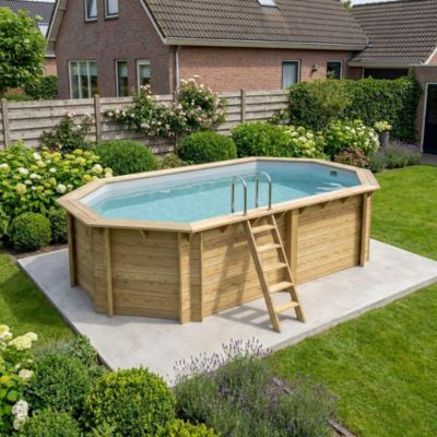 Piscine hors sol en bois NEMO 5.79 x 3.49 - H.1.45 m, gris clair ...