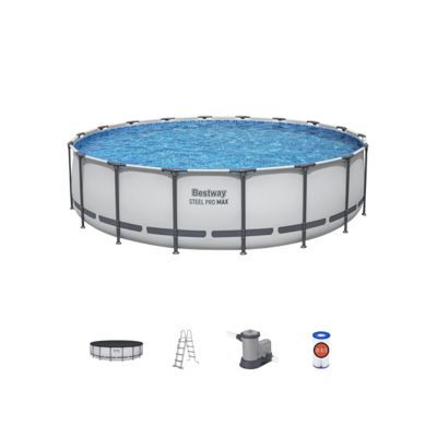 Piscine hors-sol ronde Bestway avec structure en acier et pompe de filtration, diamètre 549 cm, hauteur 122 cm, avec couverture.