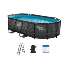 Piscine tubulaire ovale effet chevrons gris foncé avec pompe filtrante à cartouche - L424 x P250 x H100 cm - SALAMANQUE