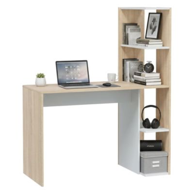 Pittston Desk, Bureau linéaire avec bibliothèque, Table de bureau polyvalente peu encombrante, 110x52h136 cm, Blanc et Chêne