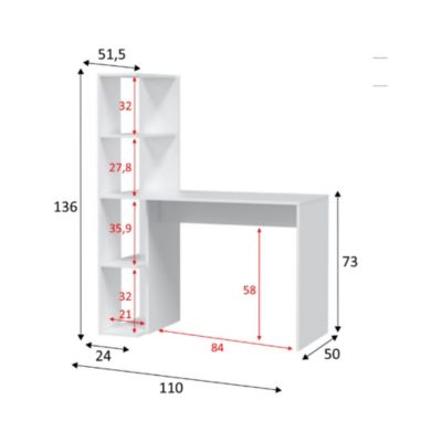 Pittston Desk, Bureau linéaire avec bibliothèque, Table de bureau polyvalente peu encombrante, 110x52h136 cm, Blanc et Chêne