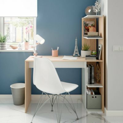 Pittston Desk, Bureau linéaire avec bibliothèque, Table de bureau polyvalente peu encombrante, 110x52h136 cm, Blanc et Chêne