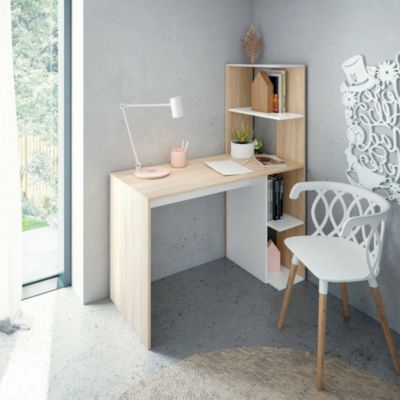 Pittston Desk, Bureau linéaire avec bibliothèque, Table de bureau polyvalente peu encombrante, 110x52h136 cm, Blanc et Chêne