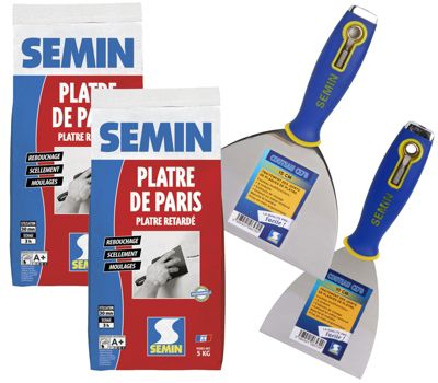 Plâtre de Paris Semin - Poudre - Sac de 5 kg (lot de 2) - Couteaux à Enduire Multifonctions - 10 cm et 15 cm