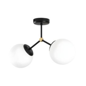 Plafonnier en métal 2 globes - L. 44 x H. 28 cm - Noir et blanc - DAMAR