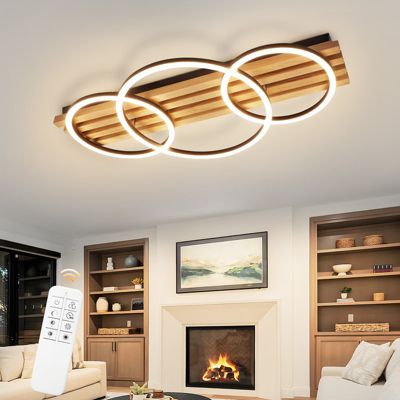 Plafonnier LED NETTLIFE en bois à intensité variable : 70 cm, lampe de salon, 46 W, 3 anneaux, noir avec télécommande