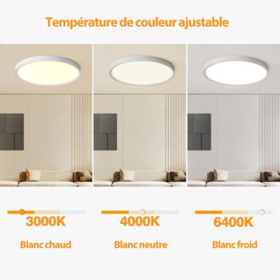 Plafonnier LED Rond 18W Extra-Plat CCT 23 cm, Lampe Superslim Sceneswitch 3 ambiances - Blanc