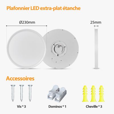 Plafonnier LED Rond 18W Extra-Plat CCT 23 cm, Lampe Superslim Sceneswitch 3 ambiances - Blanc