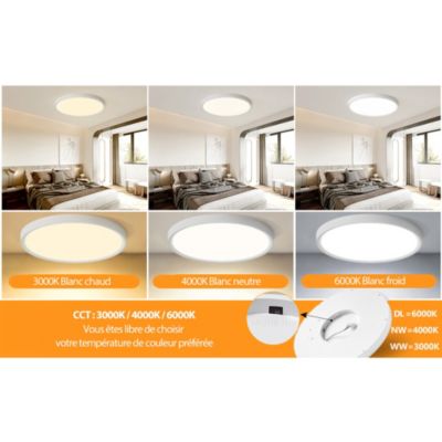 Plafonnier LED Rond 18W Extra-Plat CCT 23 cm, Lampe Superslim Sceneswitch 3 ambiances - Blanc