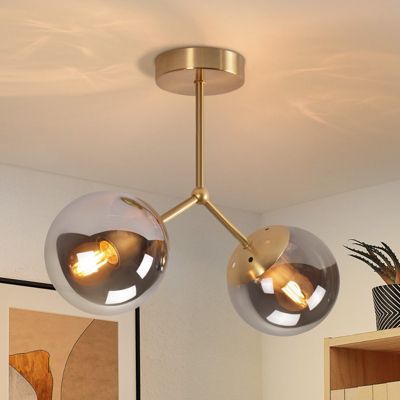 Plafonnier NETTLIFE en verre pour couloir : Plafonnier vintage E27 pour couloir en boule dorée en verre à 2 lumières