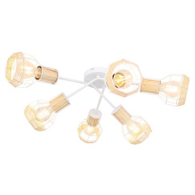 Plafonnier rond 6 spots en métal et bois avec corde Blanc, H. 24 cm, BANA