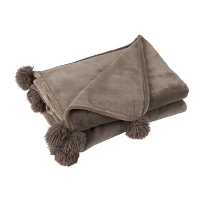 Plaid avec pompons en polyester taupe foncé 176x128cm