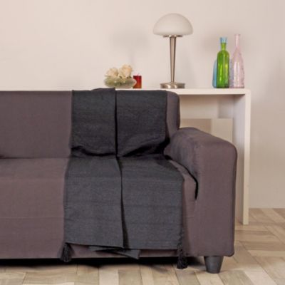 Plaid coton recyclé effet tissé gris anthracite avec pompons L.180 x l.130cm Dylrev
