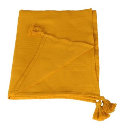 Plaid coton recyclé effet tissé jaune moutarde avec pompons L.180 x l.130cm Dylrev