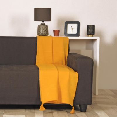 Plaid coton recyclé effet tissé jaune moutarde avec pompons L.180 x l.130cm Dylrev