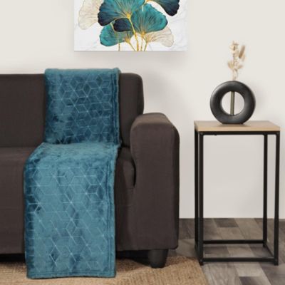 Plaid en Flanelle à Motif reliefé géométrique, 130x170cm, Bleu canard, Dylrev
