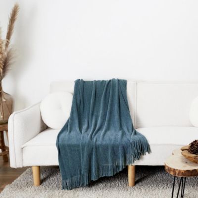 Plaid à franges style chenille CHALEUR ARTISANALE 120x150 cm bleu