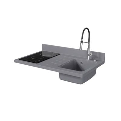 Plan de travail monobloc PlaniQuartz avec évier - 100 cm - Cromo - évier à droite - Plaque de cuisson Vitrocéramique