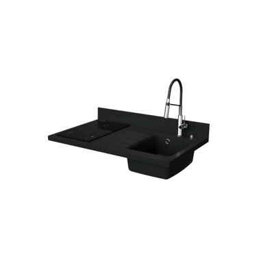 Plan de travail monobloc PlaniQuartz avec évier - 100 cm - Nero - évier à droite - Plaque de cuisson Induction