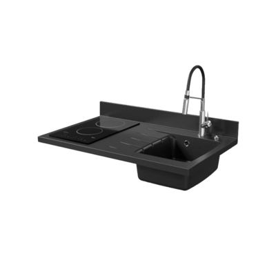 Plan de travail monobloc PlaniQuartz avec évier - 100 cm - Nero - évier à droite - Plaque de cuisson Vitrocéramique