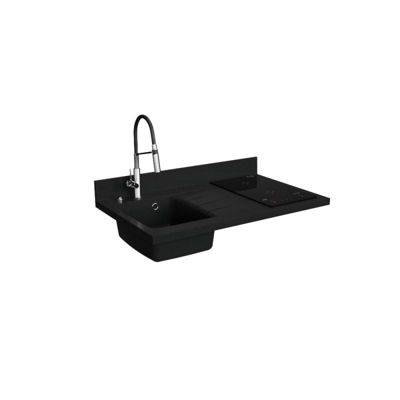Plan de travail monobloc PlaniQuartz avec évier - 100 cm - Nero - évier à gauche - Plaque de cuisson Induction