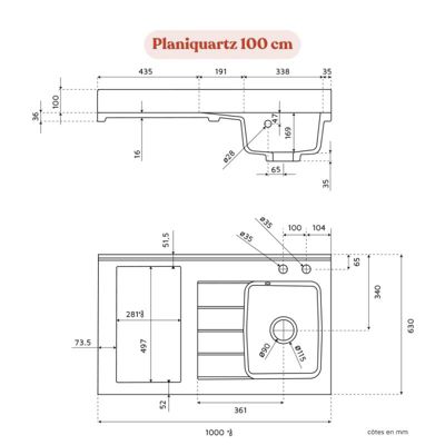 Plan de travail monobloc PlaniQuartz avec évier - 100 cm - Nero - évier à gauche - Plaque de cuisson Non inclus