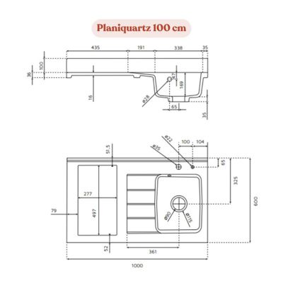 Plan de travail monobloc PlaniQuartz avec évier - 100 cm - Nero - évier à gauche - Plaque de cuisson Non inclus