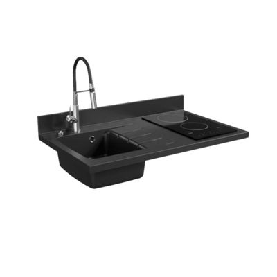 Plan de travail monobloc PlaniQuartz avec évier - 100 cm - Nero - évier à gauche - Plaque de cuisson Vitrocéramique