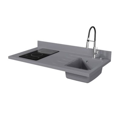 Plan de travail monobloc PlaniQuartz avec évier - 120 cm - Cromo - évier à droite - Plaque de cuisson Vitrocéramique