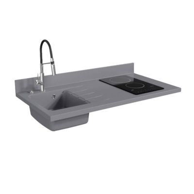 Plan de travail monobloc PlaniQuartz avec évier - 120 cm - Cromo - évier à gauche - Plaque de cuisson Vitrocéramique