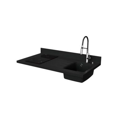 Plan de travail monobloc PlaniQuartz avec évier - 120 cm - Nero - évier à droite - Plaque de cuisson Induction