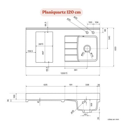 Plan de travail monobloc PlaniQuartz avec évier - 120 cm - Nero - évier à droite - Plaque de cuisson Non inclus