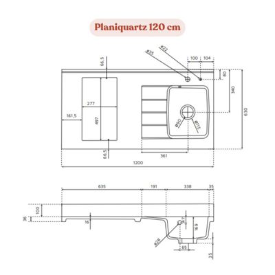 Plan de travail monobloc PlaniQuartz avec évier - 120 cm - Nero - évier à droite - Plaque de cuisson Non inclus