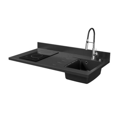 Plan de travail monobloc PlaniQuartz avec évier - 120 cm - Nero - évier à droite - Plaque de cuisson Vitrocéramique