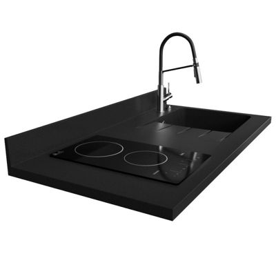 Plan de travail monobloc PlaniQuartz avec évier - 120 cm - Nero - évier à droite - Plaque de cuisson Vitrocéramique
