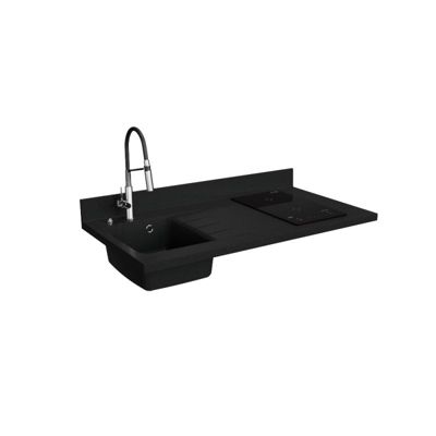 Plan de travail monobloc PlaniQuartz avec évier - 120 cm - Nero - évier à gauche - Plaque de cuisson Induction