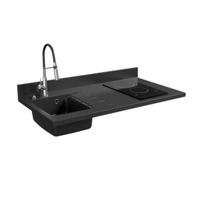 Plan de travail monobloc PlaniQuartz avec évier - 120 cm - Nero - évier à gauche - Plaque de cuisson Vitrocéramique