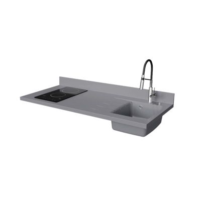 Plan de travail monobloc PlaniQuartz avec évier - 140 cm - Cromo - évier à droite - Plaque de cuisson Vitrocéramique