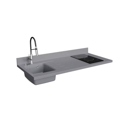 Plan de travail monobloc PlaniQuartz avec évier - 140 cm - Cromo - évier à gauche - Plaque de cuisson Vitrocéramique