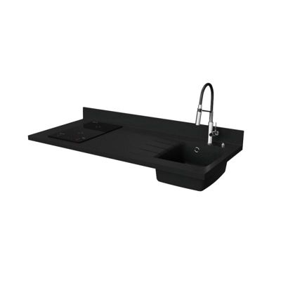 Plan de travail monobloc PlaniQuartz avec évier - 140 cm - Nero - évier à droite - Plaque de cuisson Induction