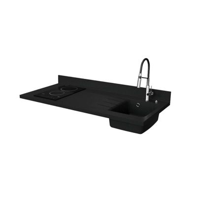 Plan de travail monobloc PlaniQuartz avec évier - 140 cm - Nero - évier à droite - Plaque de cuisson Vitrocéramique