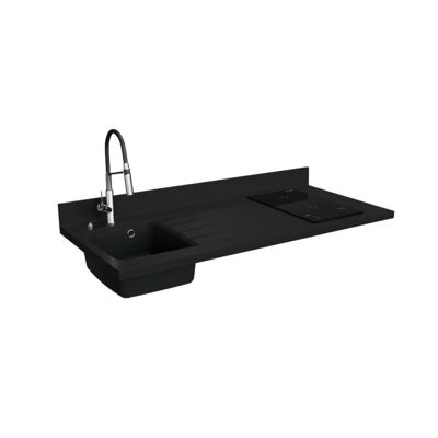 Plan de travail monobloc PlaniQuartz avec évier - 140 cm - Nero - évier à gauche - Plaque de cuisson Induction