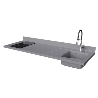 Plan de travail monobloc PlaniQuartz avec évier - 180 cm - Cromo - évier à droite - Plaque de cuisson Vitrocéramique